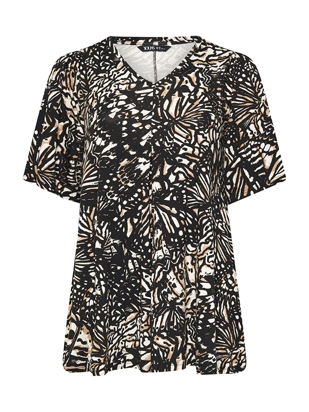 Siyah Büyük Beden V Yaka Ön Pileli Kısa Kollu Desenli Bluz 303725-5