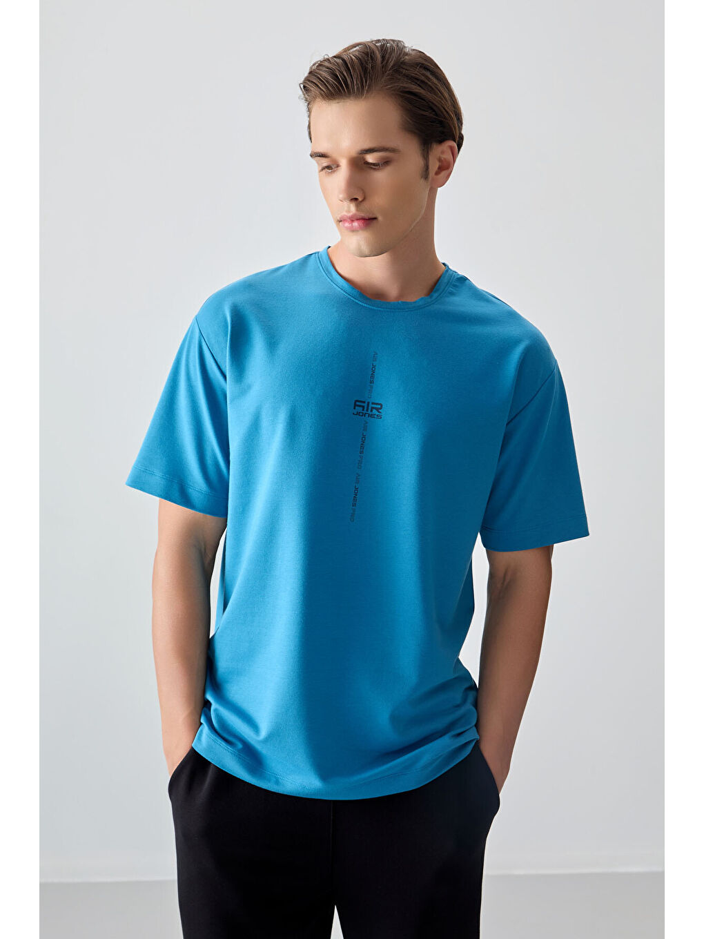 Petrol Mavi Pamuklu Kalın Yumuşak Dokulu Oversize Fit Baskılı Erkek Tişört - 88373-1