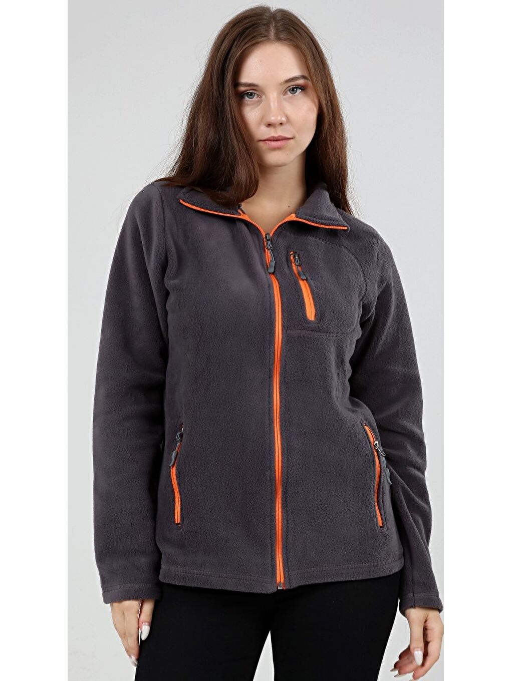 Gri Kadın Polar Tam Fermuarlı Outdoor 3 Cepli Spor Polar Sweatshırt