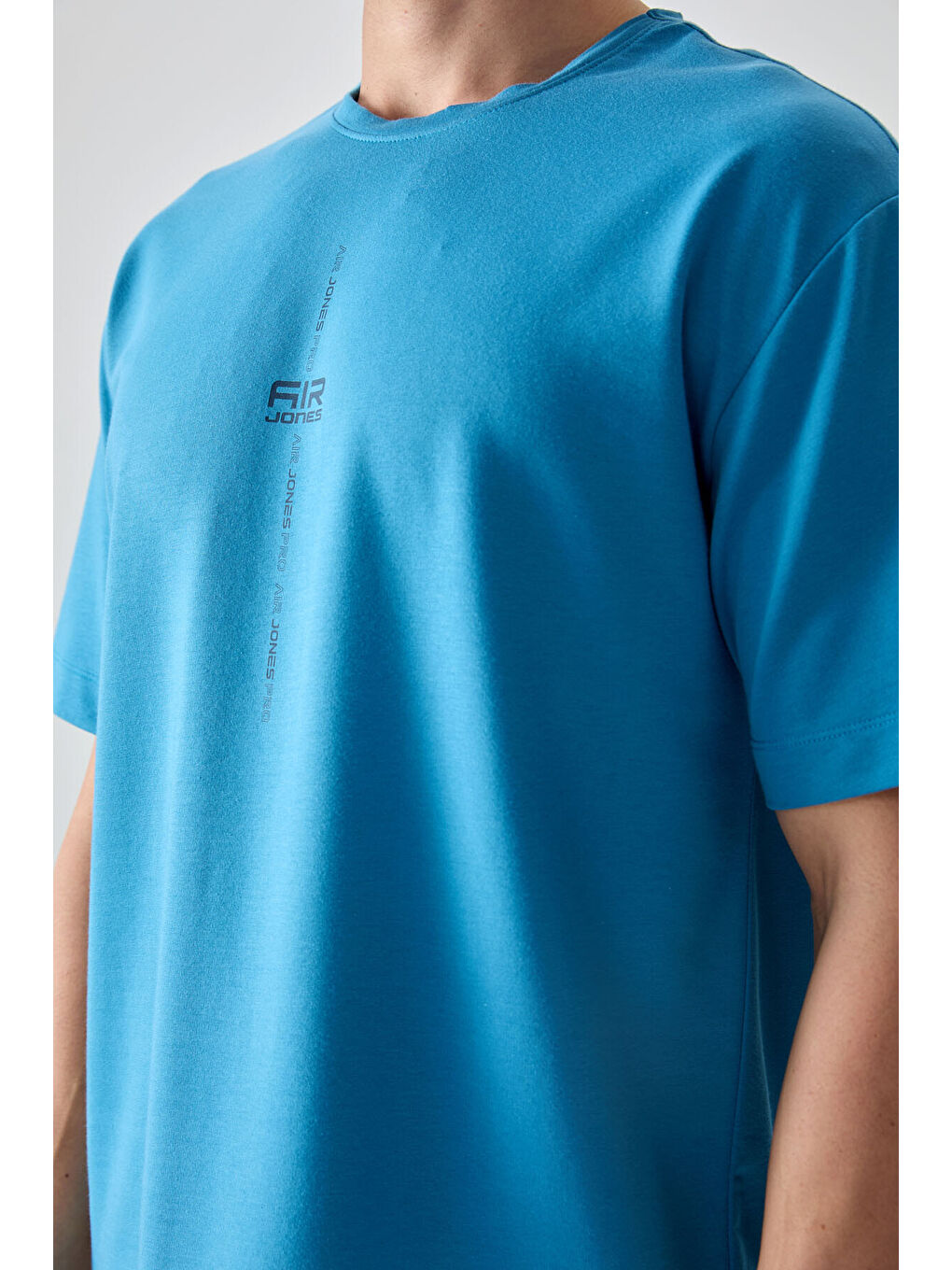 Petrol Mavi Pamuklu Kalın Yumuşak Dokulu Oversize Fit Baskılı Erkek Tişört - 88373-2