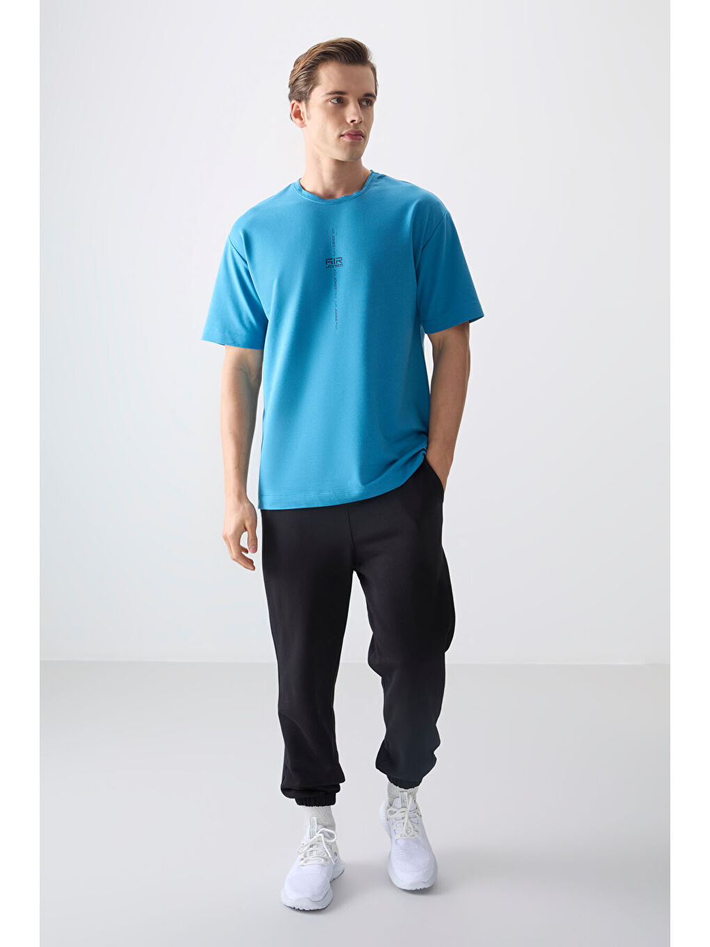 Petrol Mavi Pamuklu Kalın Yumuşak Dokulu Oversize Fit Baskılı Erkek Tişört - 88373-3