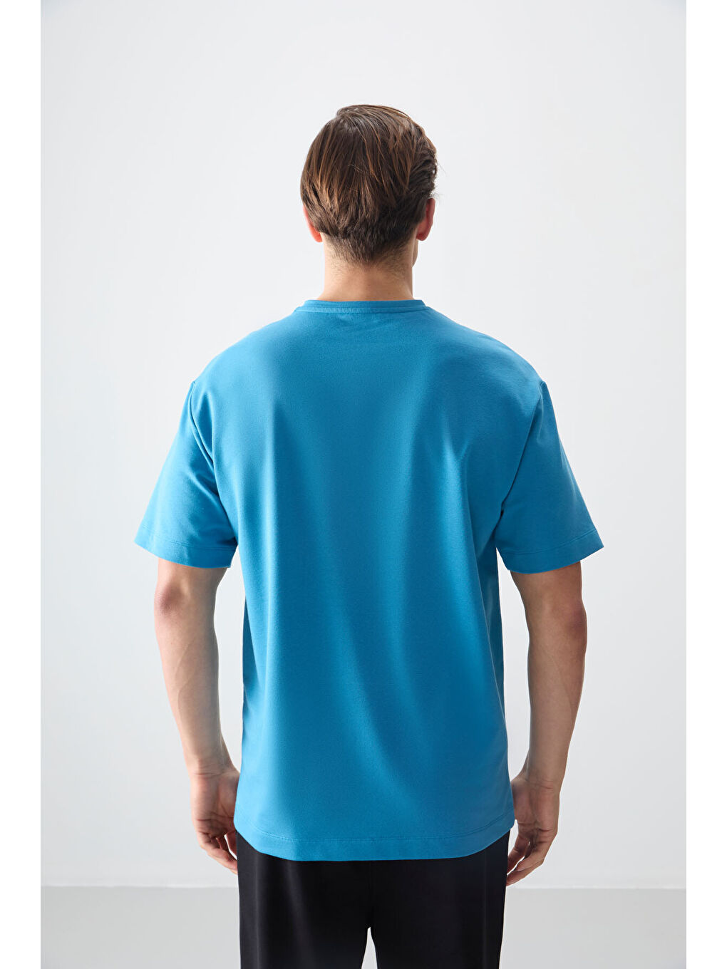 Petrol Mavi Pamuklu Kalın Yumuşak Dokulu Oversize Fit Baskılı Erkek Tişört - 88373-4