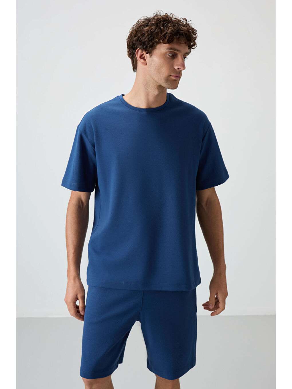Mavi Pamuklu Kalın Yumuşak Dokulu  Fit Basic Şortlu Takım - 85249-1