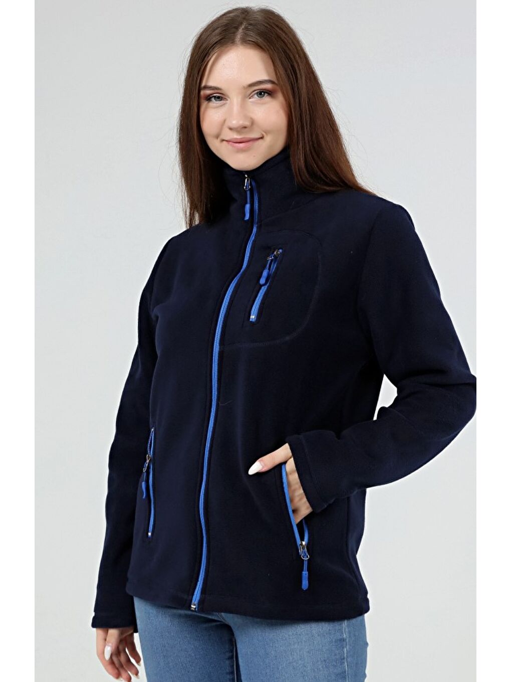 Genius Store Lacivert Store Kadın Polar Tam Fermuarlı Outdoor 3 Cepli Spor Polar Ceket KDN-PLR17