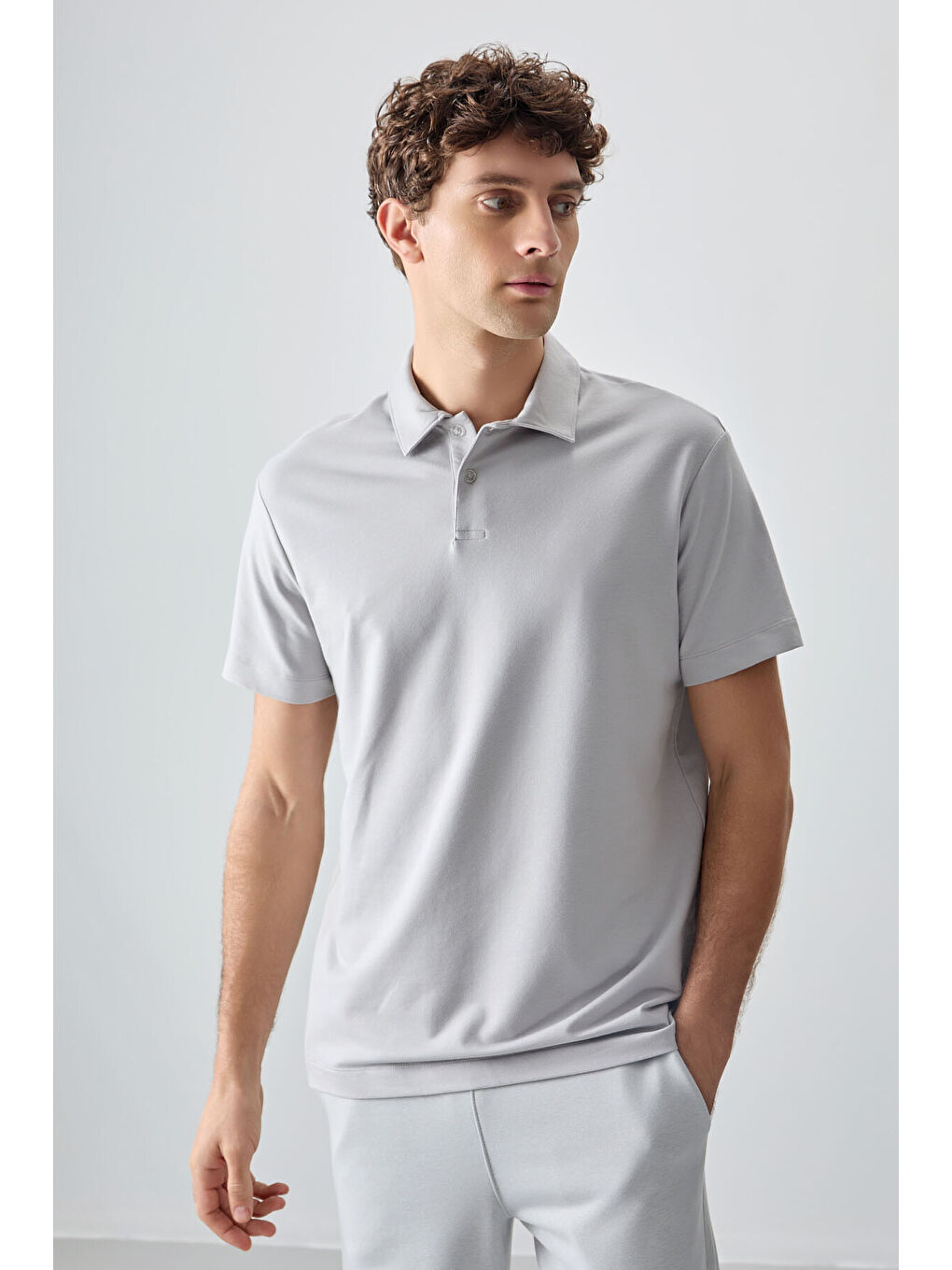 Bej Taş Pamuklu Kalın Yumuşak Dokulu Polo Yaka Oversize Fit Basic Erkek Tişört- 88381