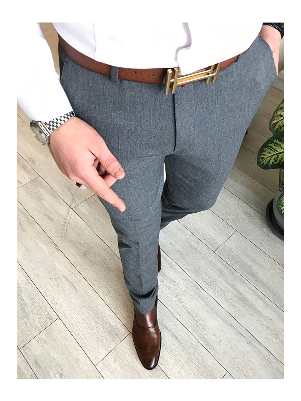 Gri İtalyan Kesim Slim Fit Mevsimlik Füme Kumaş Erkek Pantolon