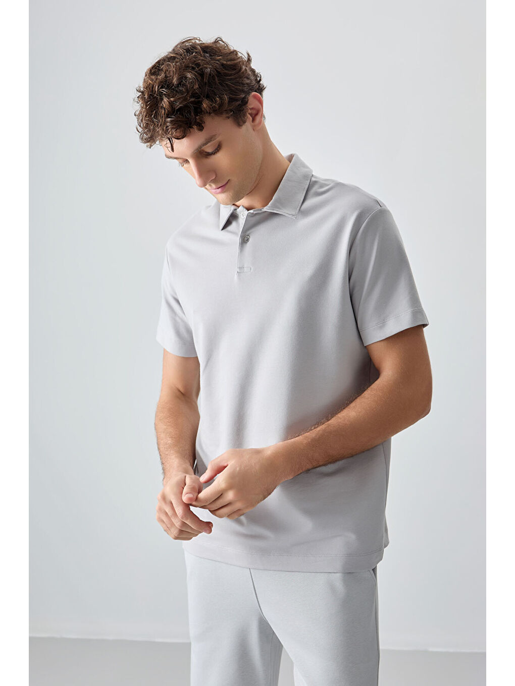 Bej Taş Pamuklu Kalın Yumuşak Dokulu Polo Yaka Oversize Fit Basic Erkek Tişört- 88381-3