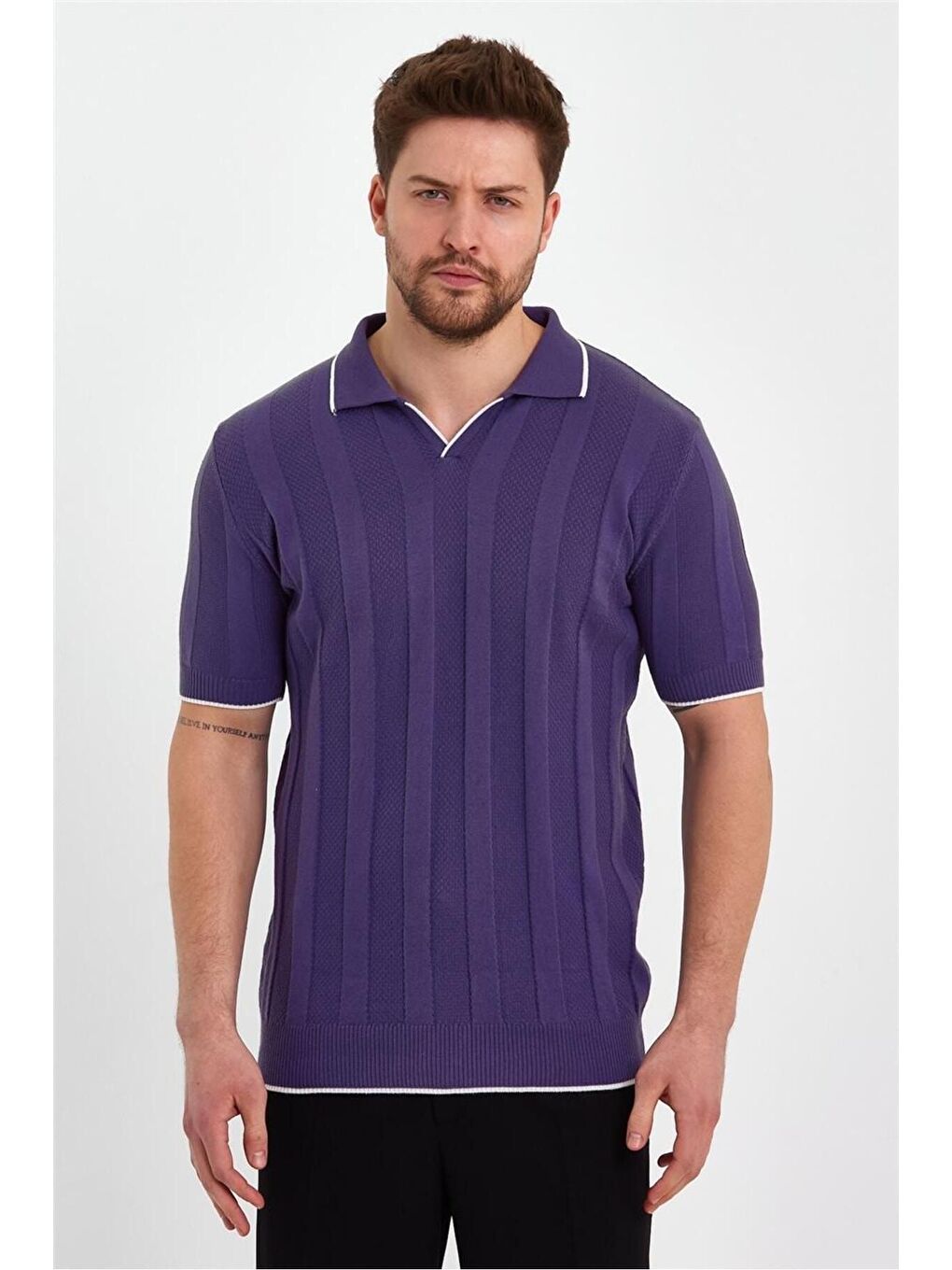 Mor Erkek Bisiklet Yaka Çizgili Triko Tişört TRZ19109R03S-1