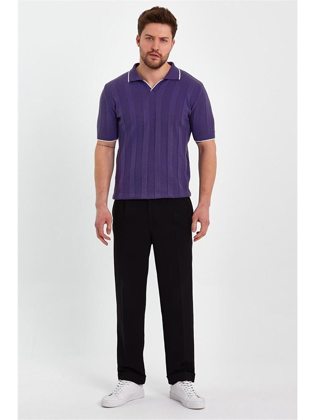 Mor Erkek Bisiklet Yaka Çizgili Triko Tişört TRZ19109R03S-3