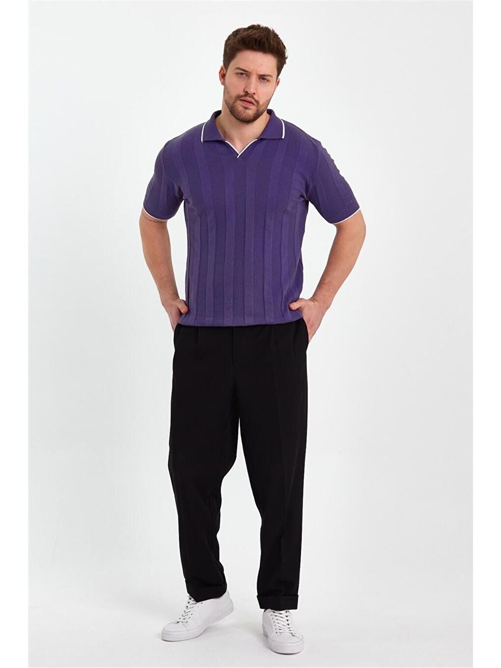 Mor Erkek Bisiklet Yaka Çizgili Triko Tişört TRZ19109R03S-5