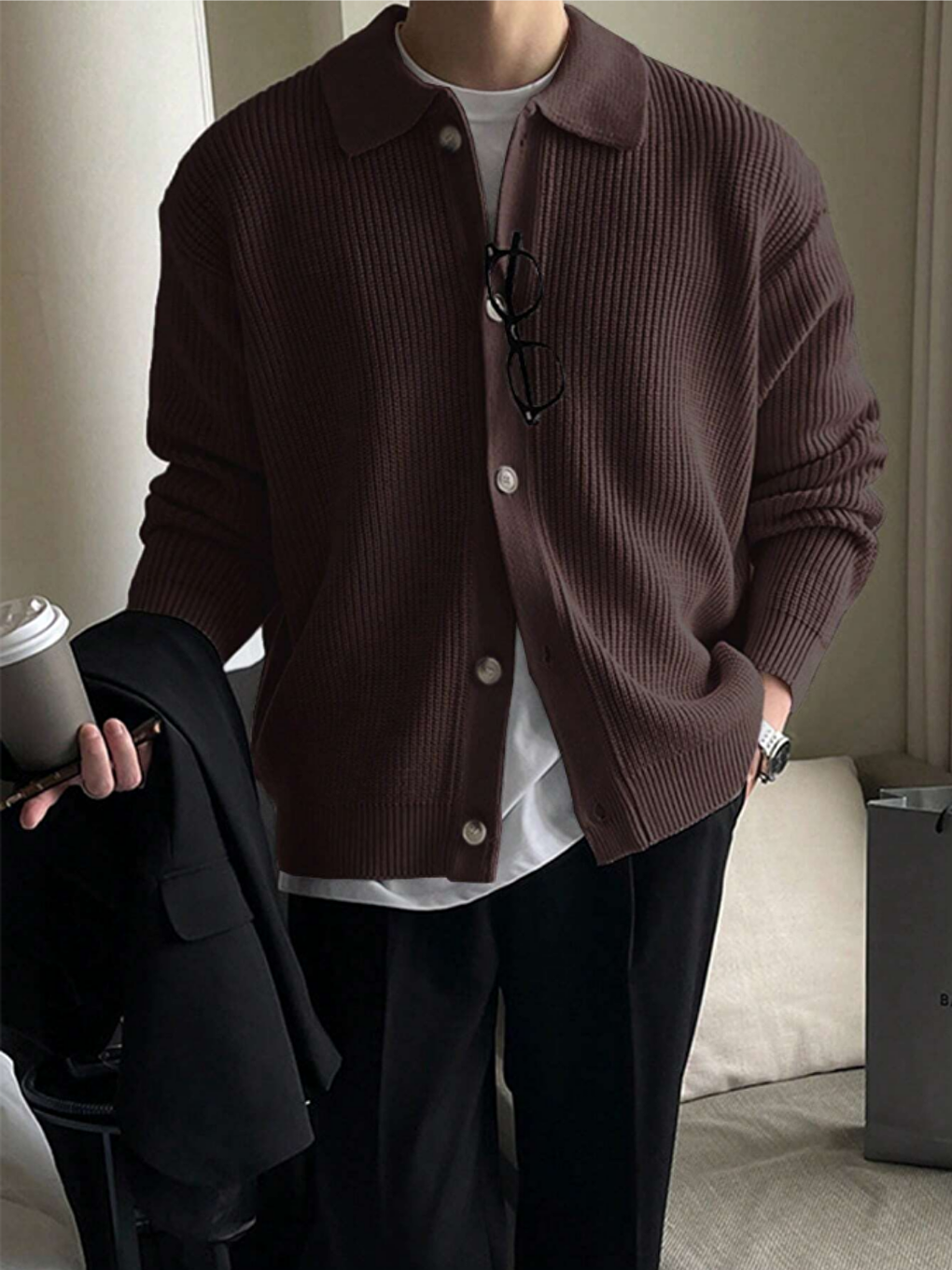 Erkek Koyu Kahverengi Düğme Detaylı Regular Fit Hırka-1