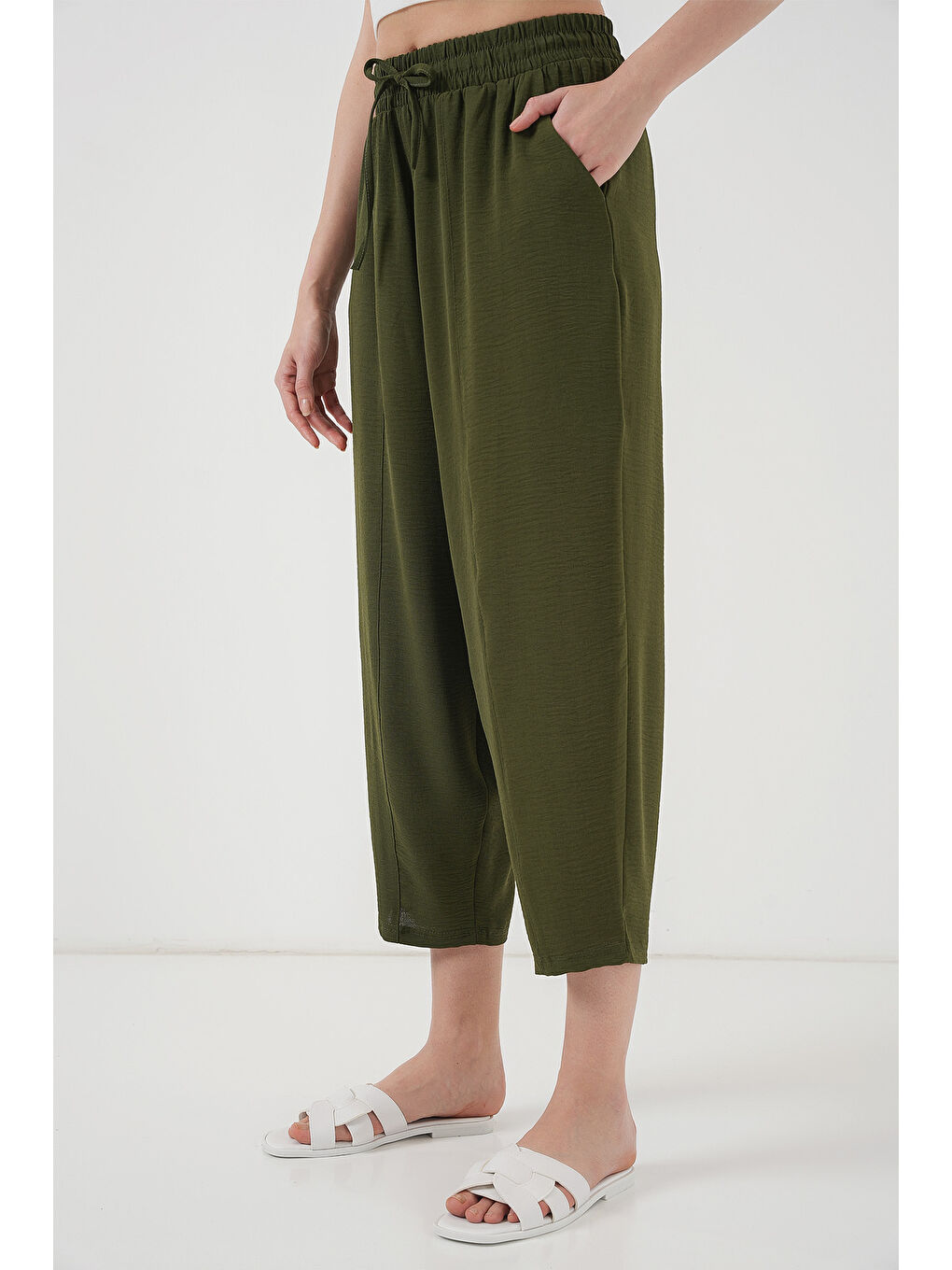 6591 Dokuma Şalvar Pantolon - Haki-3