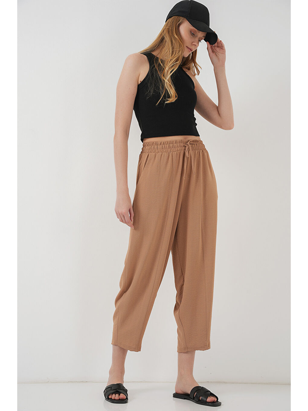 Sarı 6591 Dokuma Şalvar Pantolon - Camel