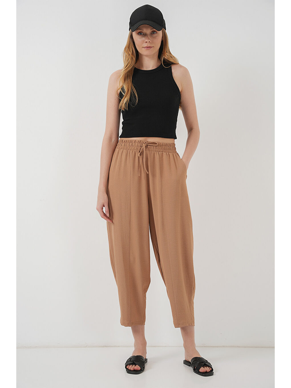 Sarı 6591 Dokuma Şalvar Pantolon - Camel-2