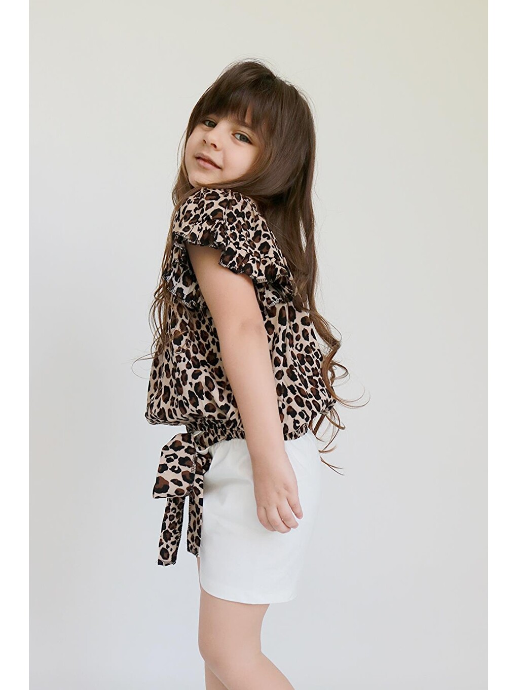 Karışık Kız Çocuk Viskon Leopar Madonna Yaka Şortlu Bandana Alt Üst Takım-1