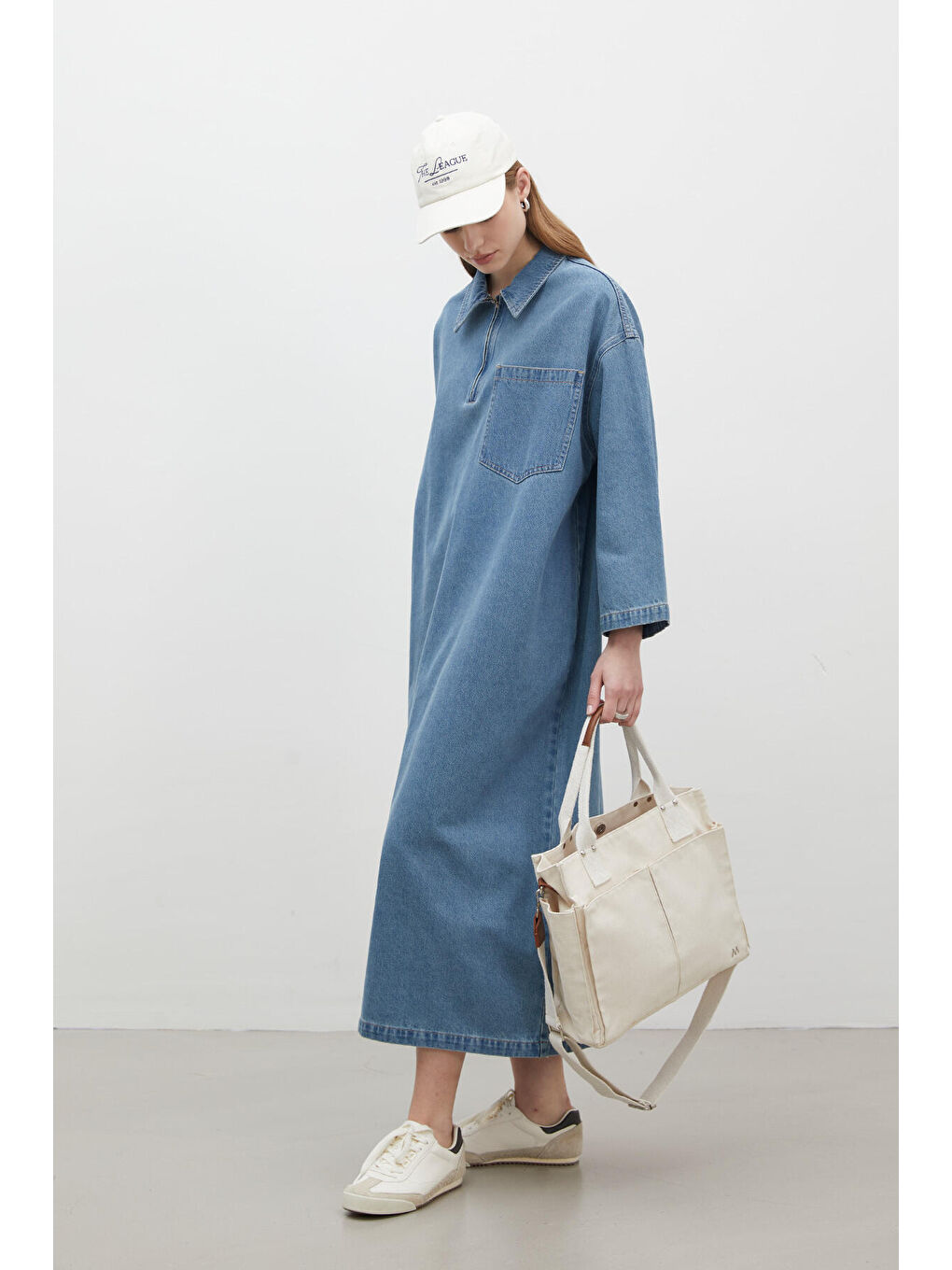 Yaka Detaylı Denim Elbise Mavi-4