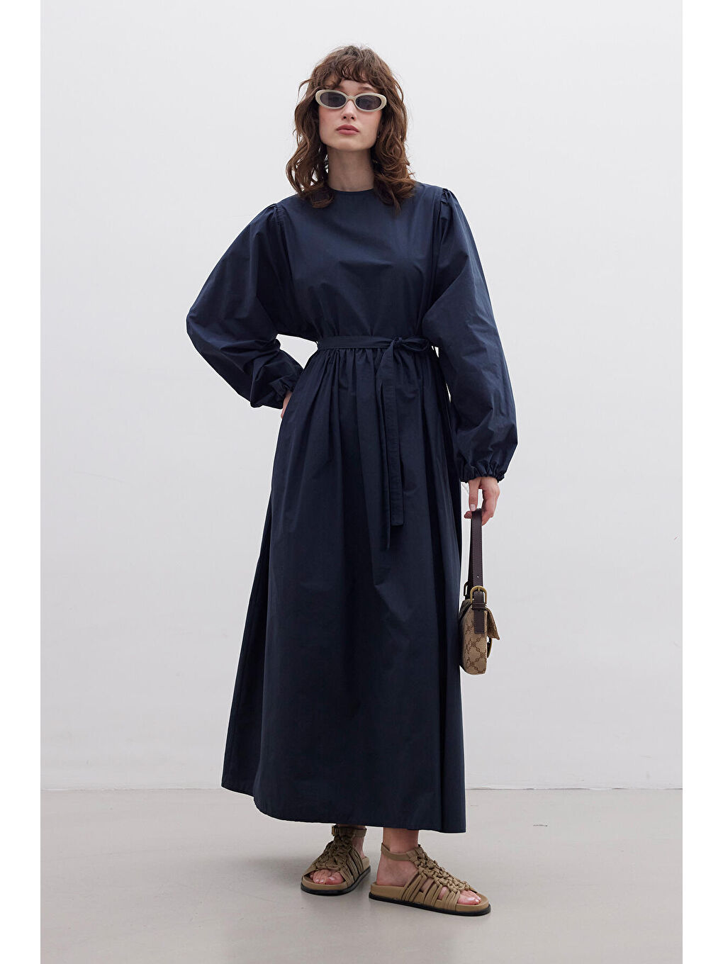 Büzgülü Premium Poplin Elbise Lacivert-1