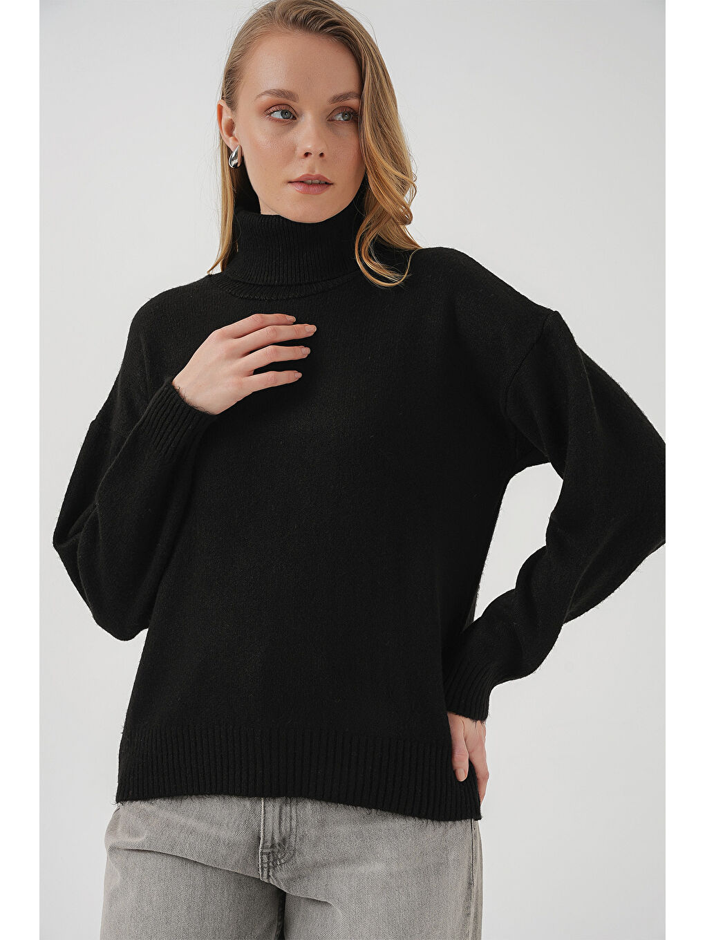 15917 Kadın Balıkçı Yaka Oversize Triko Kazak - Siyah