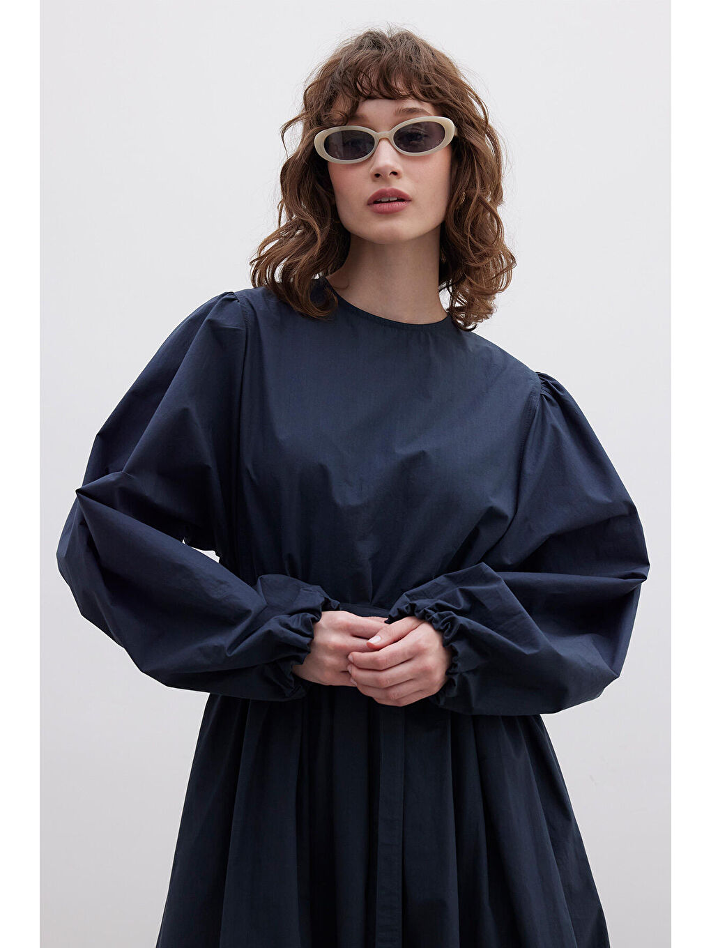 Büzgülü Premium Poplin Elbise Lacivert-2