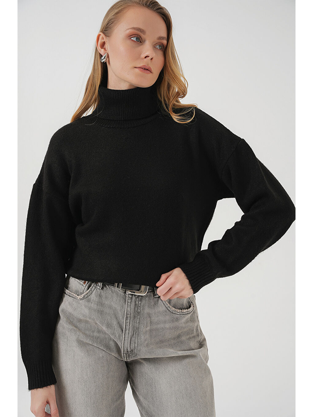 15917 Kadın Balıkçı Yaka Oversize Triko Kazak - Siyah-2