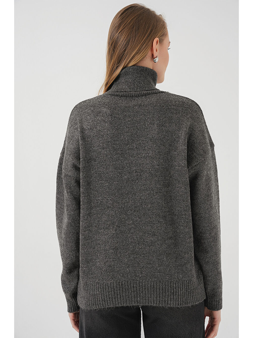 15917 Kadın Balıkçı Yaka Oversize Triko Kazak - Antrasit-5