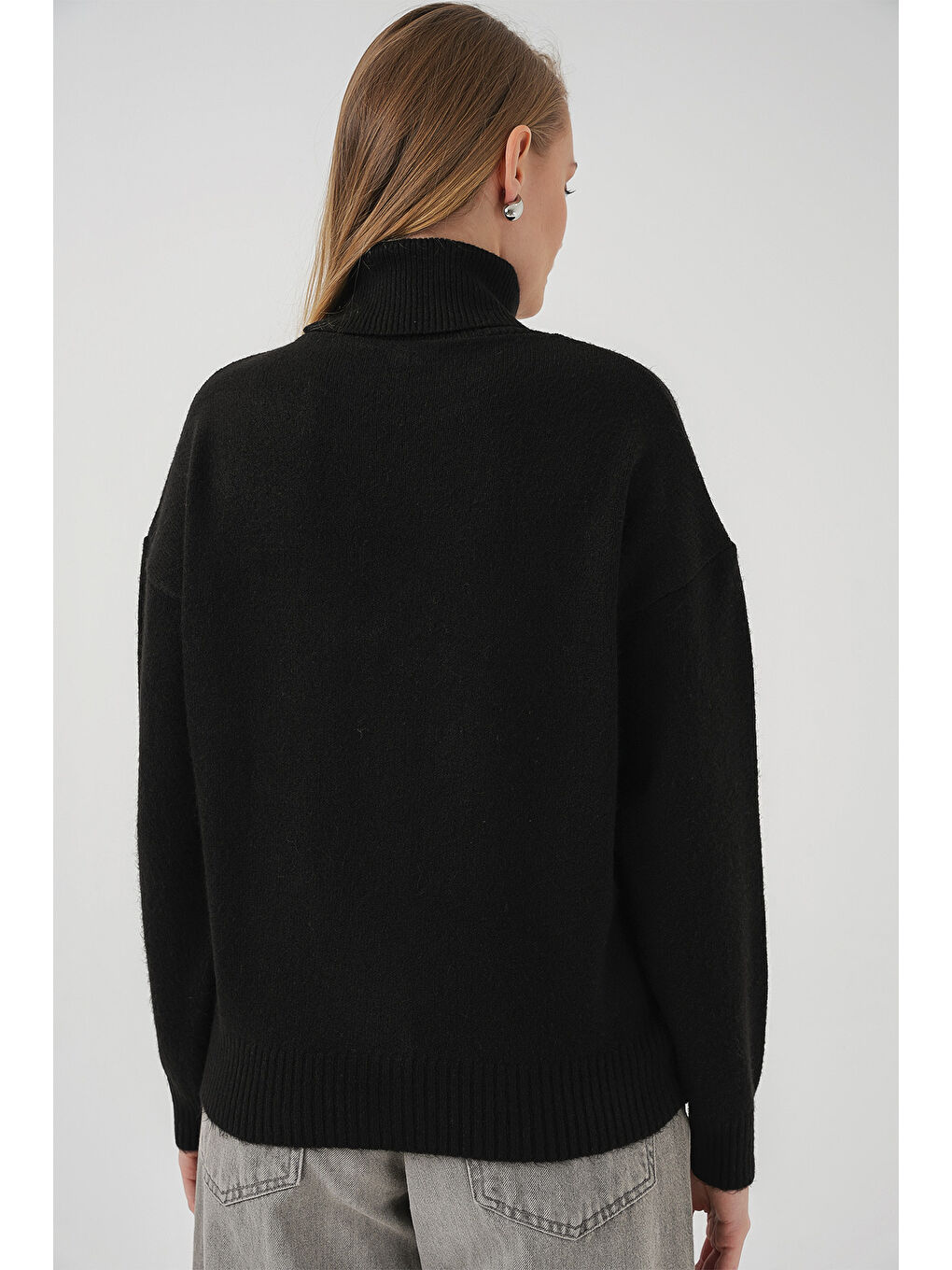 15917 Kadın Balıkçı Yaka Oversize Triko Kazak - Siyah-5