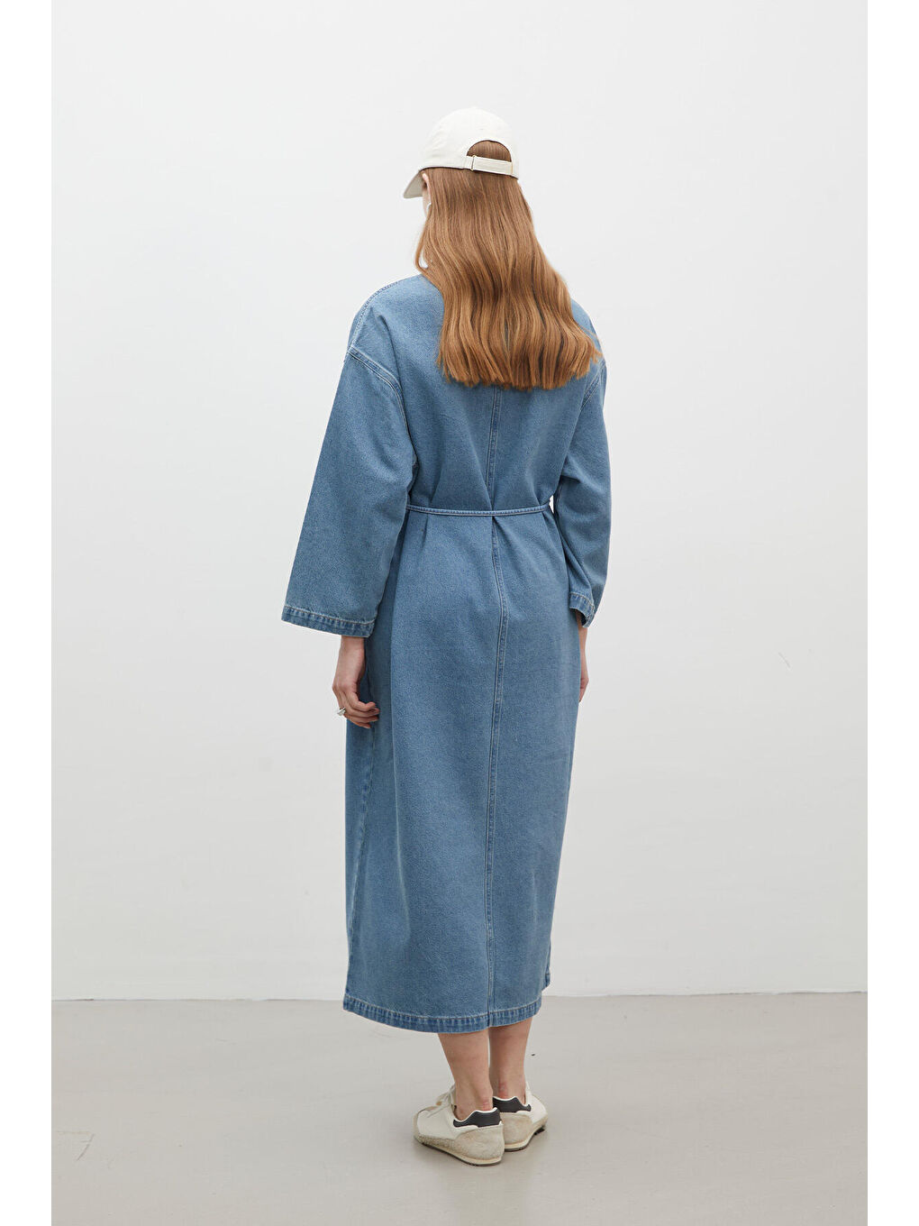 Yaka Detaylı Denim Elbise Mavi-6