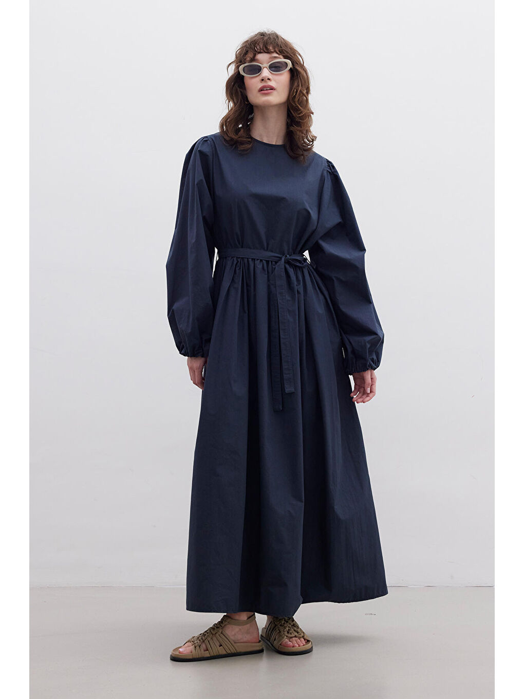 Büzgülü Premium Poplin Elbise Lacivert-4