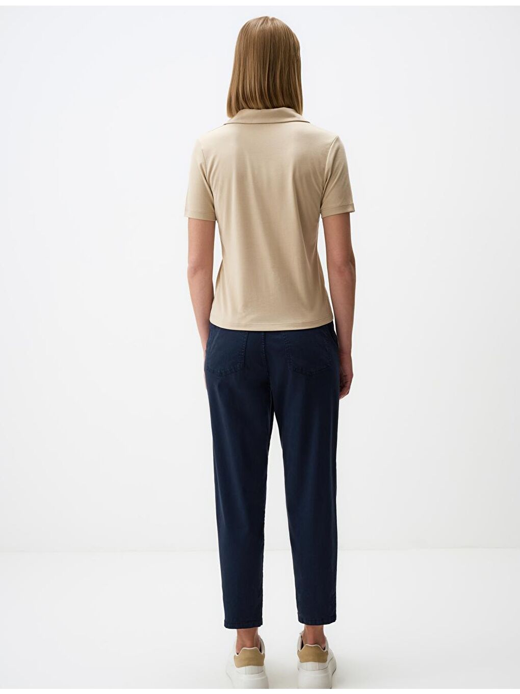 Bej Vizon V Yaka Kısa Kollu Basic Örme Tişört-5