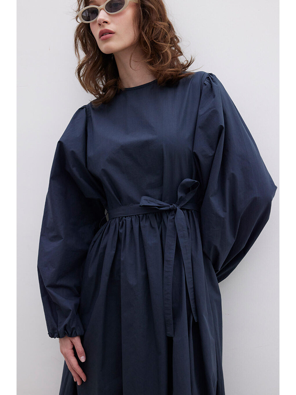 Büzgülü Premium Poplin Elbise Lacivert-6