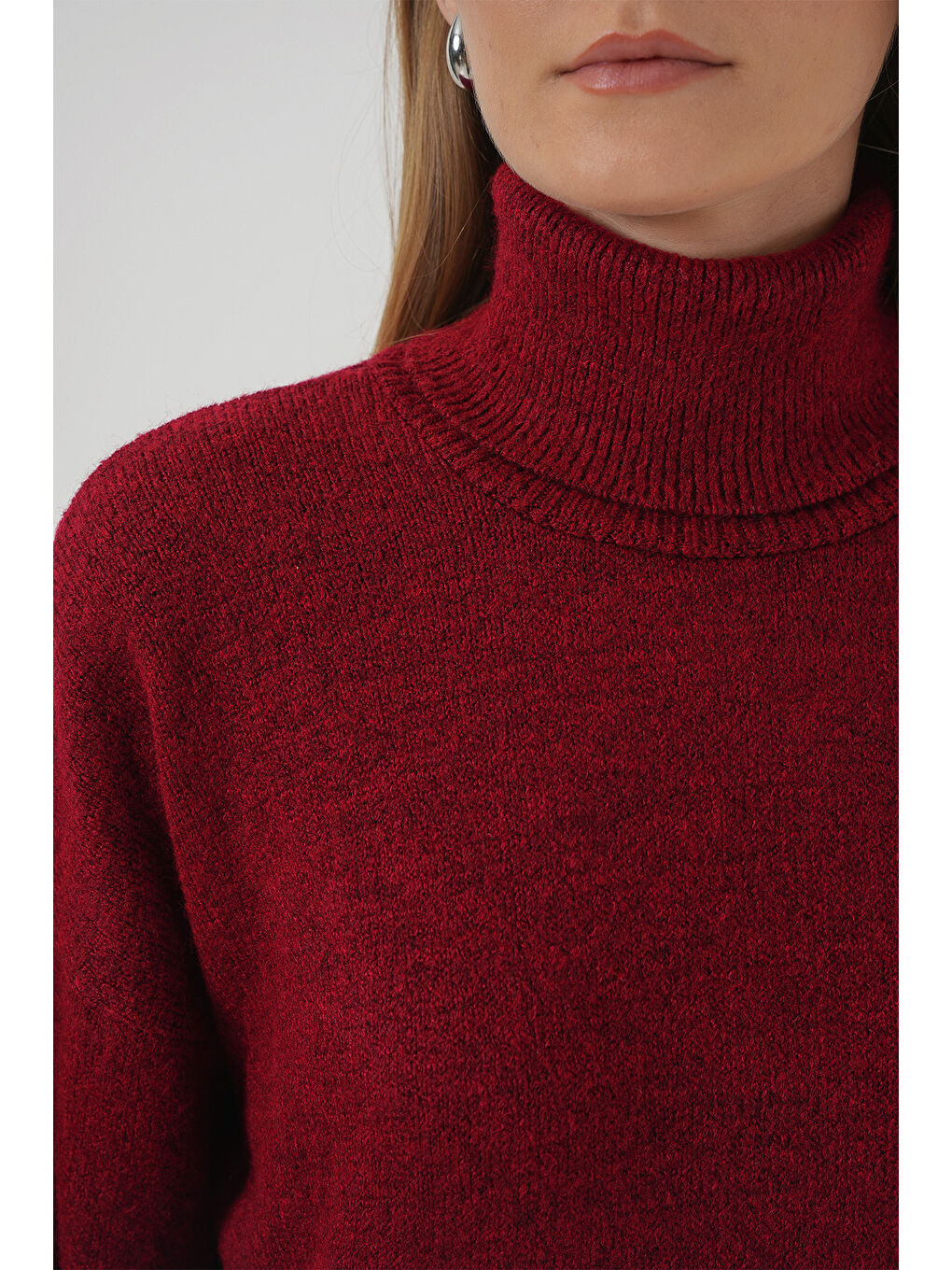 15917 Kadın Balıkçı Yaka Oversize Triko Kazak - Kırmızı-4