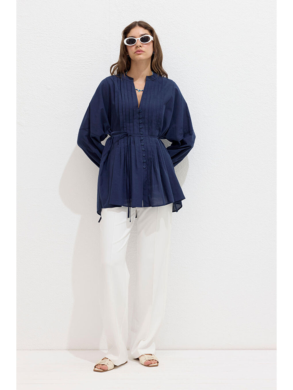 Nervür Detaylı Vual Tunik Lacivert