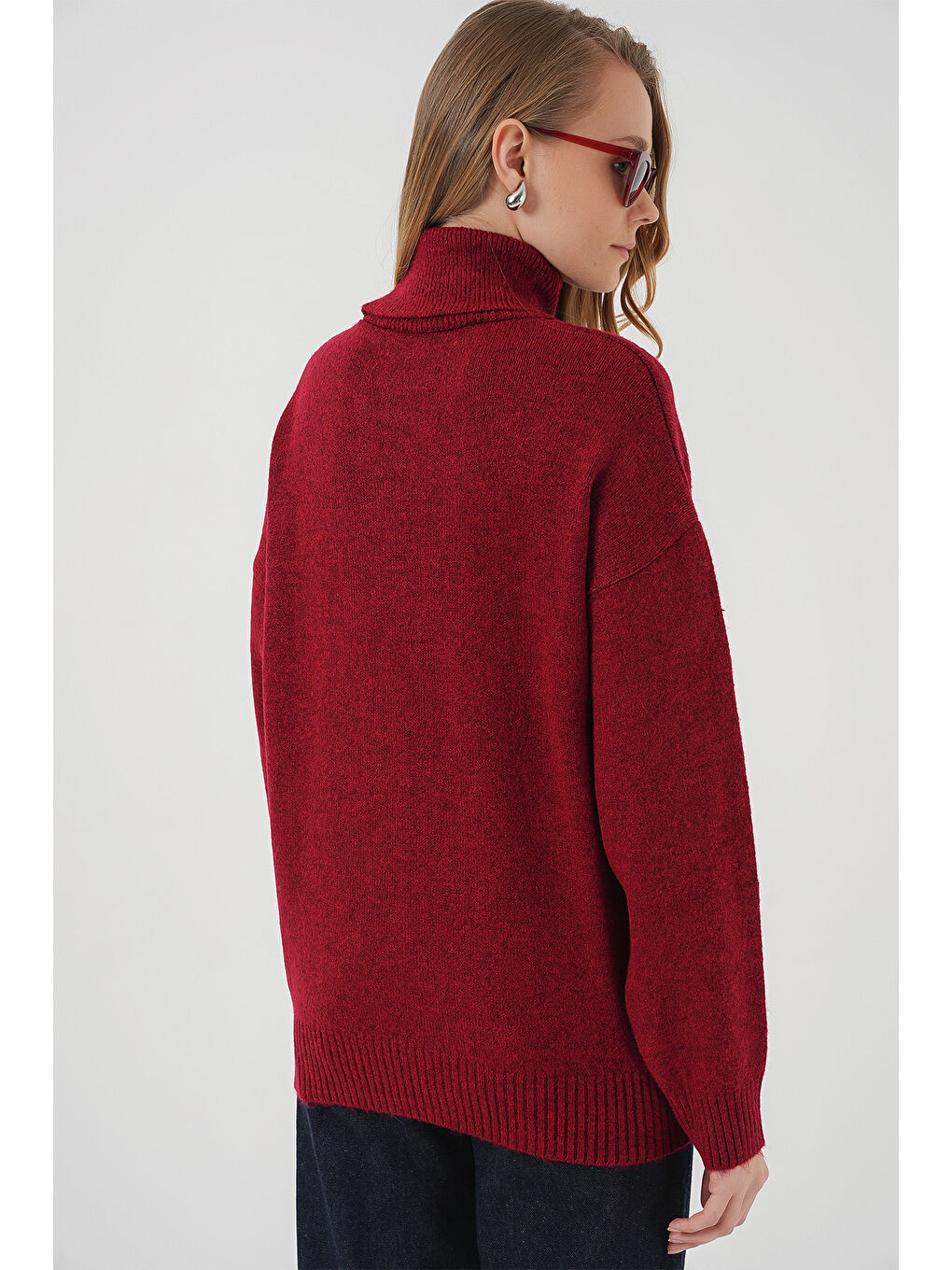 15917 Kadın Balıkçı Yaka Oversize Triko Kazak - Kırmızı-5