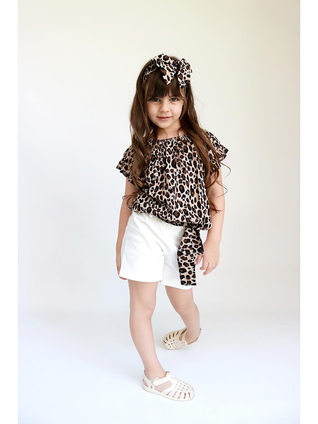Karışık Kız Çocuk Viskon Leopar Madonna Yaka Şortlu Bandana Alt Üst Takım-5