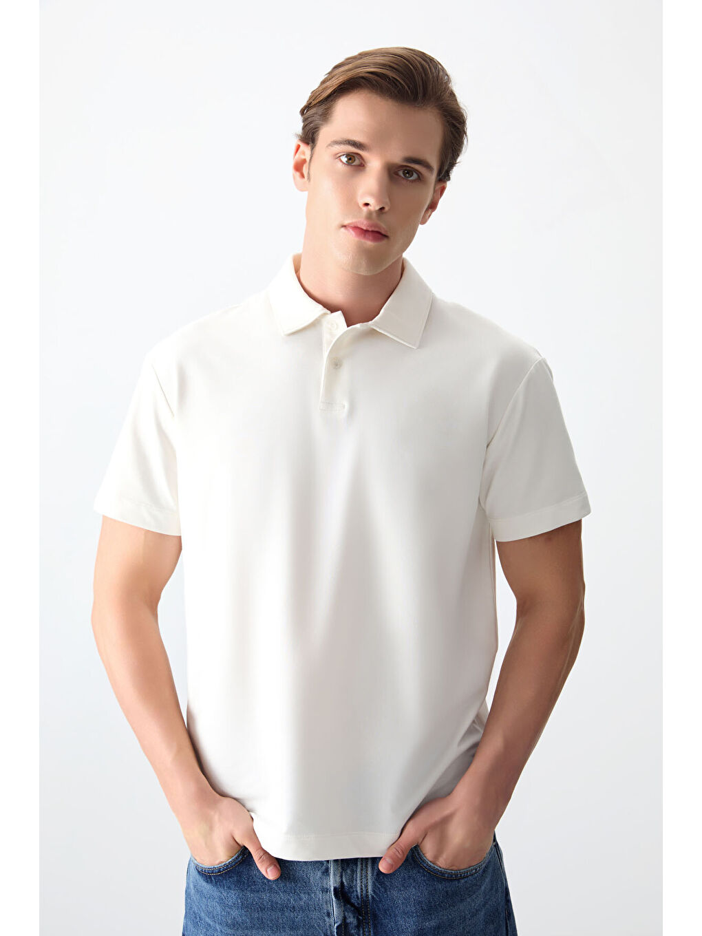 Ekru Pamuklu Kalın Yumuşak Dokulu Polo Yaka Oversize Fit Basic Erkek T- Shirt - 88381