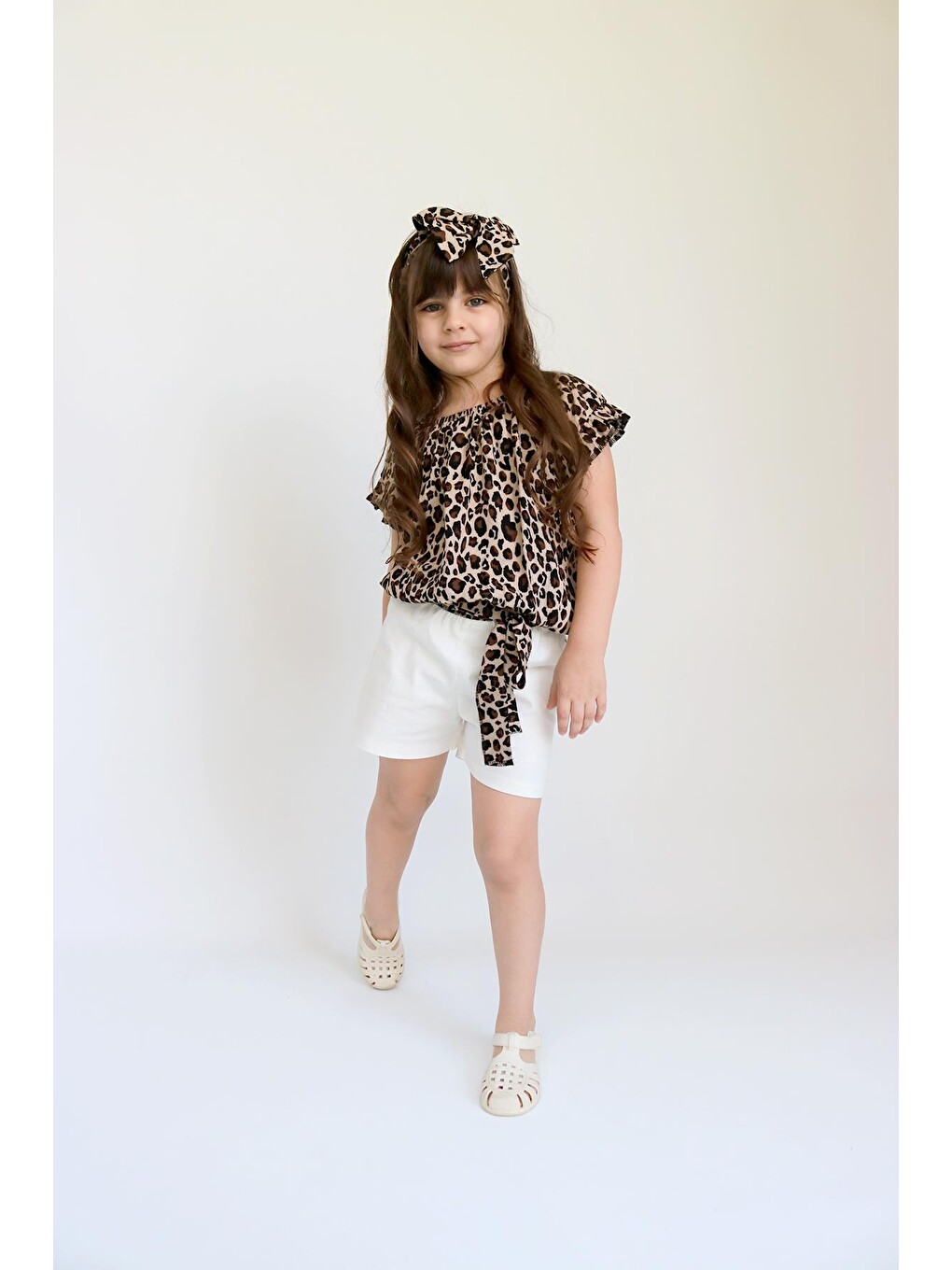 Karışık Kız Çocuk Viskon Leopar Madonna Yaka Şortlu Bandana Alt Üst Takım-6