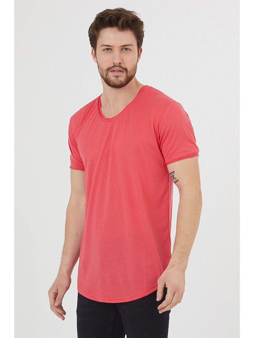 Kırmızı Erkek Koyu Nar Oval Etek Bisiklet Yaka  100 Pamuk Kısa Kollu Tişört-1