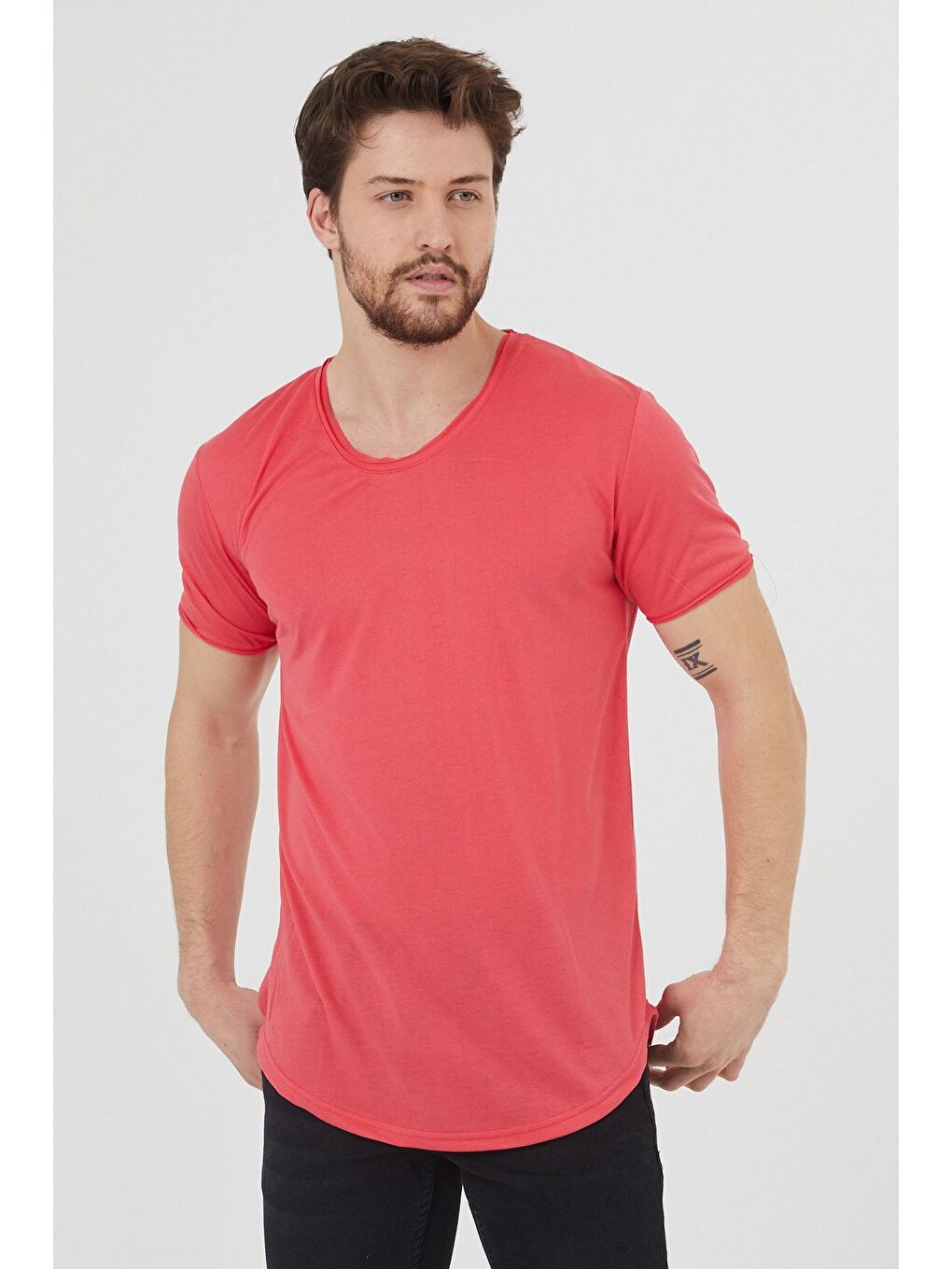 Kırmızı Erkek Koyu Nar Oval Etek Bisiklet Yaka  100 Pamuk Kısa Kollu Tişört-2