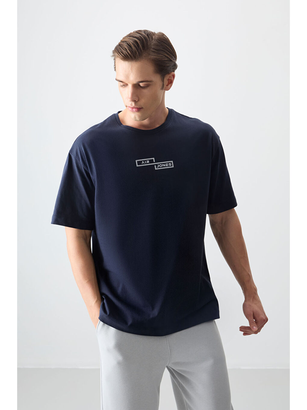 Lacivert %100 Pamuk Kalın Yumuşak Dokulu Oversize Fit Baskılı Erkek Tişört - 88361