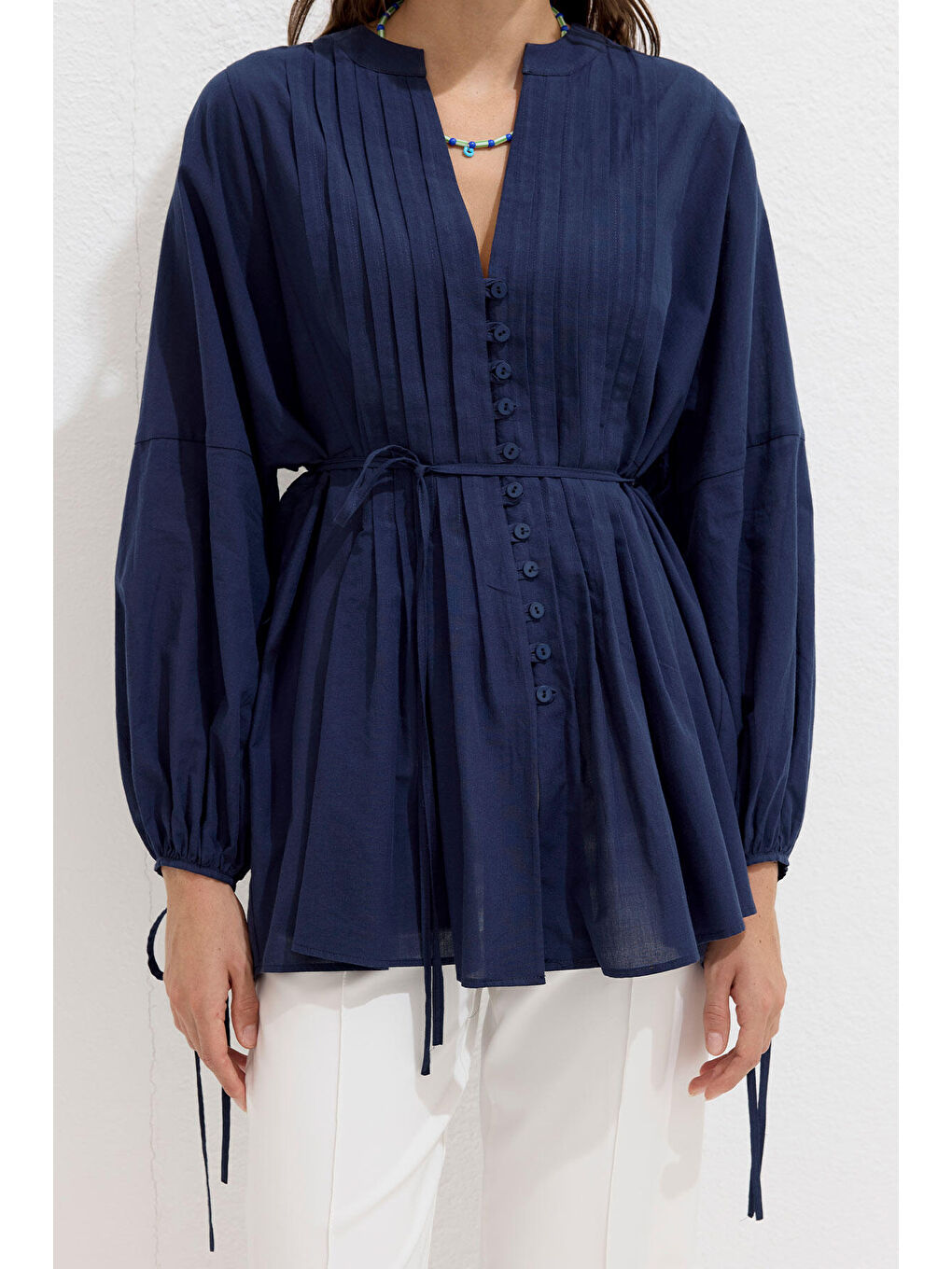 Nervür Detaylı Vual Tunik Lacivert-6
