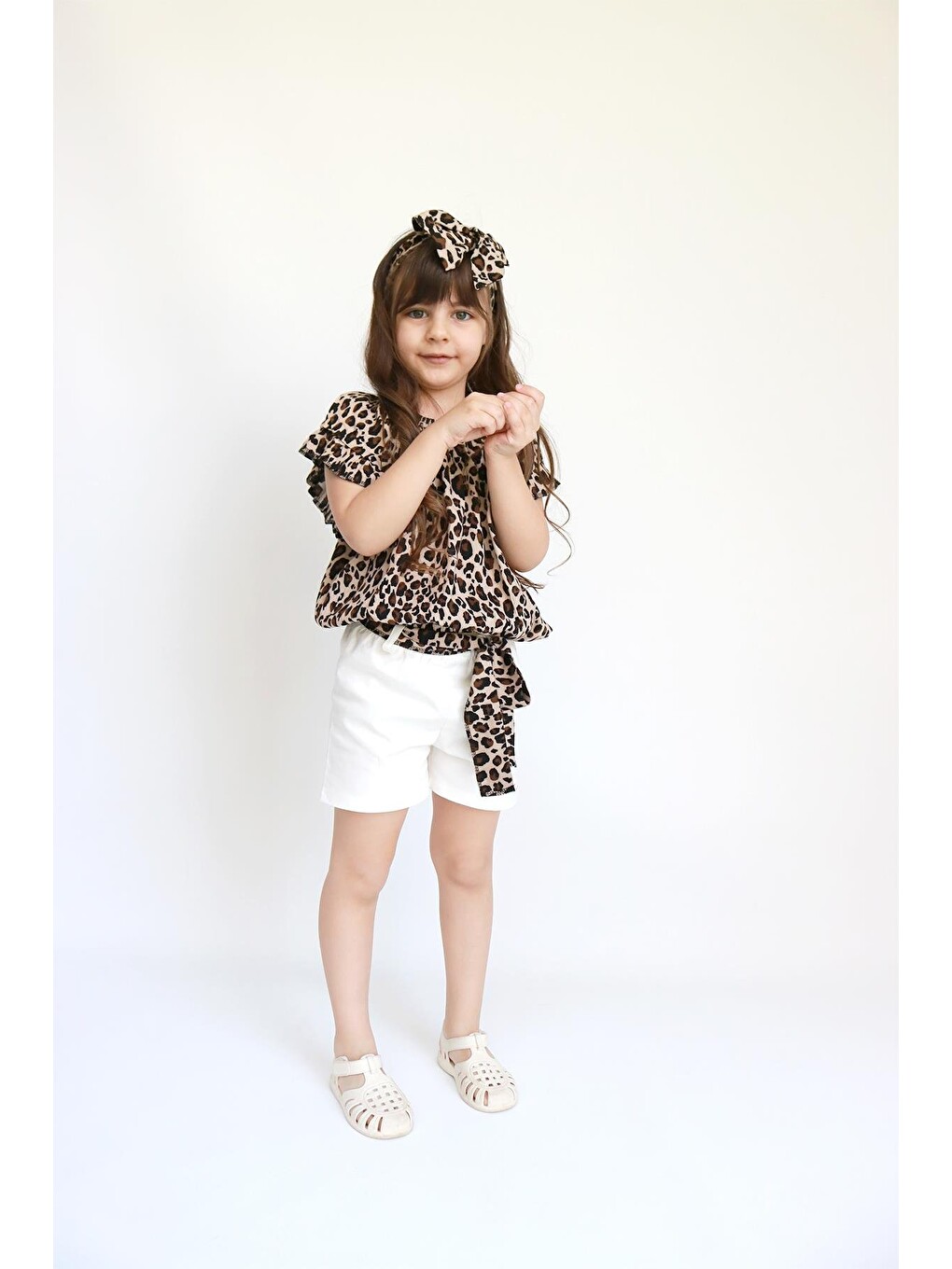 Karışık Kız Çocuk Viskon Leopar Madonna Yaka Şortlu Bandana Alt Üst Takım-8