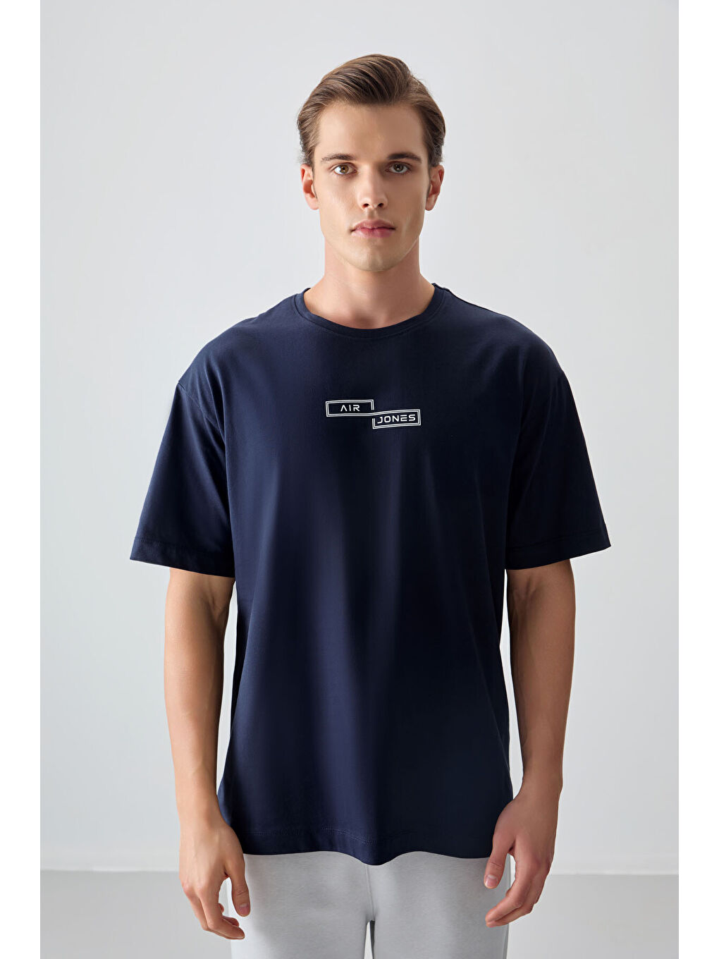 Lacivert %100 Pamuk Kalın Yumuşak Dokulu Oversize Fit Baskılı Erkek Tişört - 88361-2