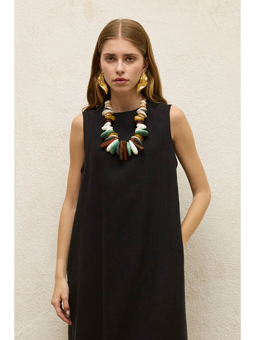 Kolsuz Keten Rahat Elbise Siyah-4