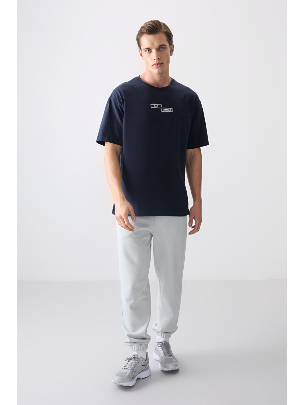 Lacivert %100 Pamuk Kalın Yumuşak Dokulu Oversize Fit Baskılı Erkek Tişört - 88361-3