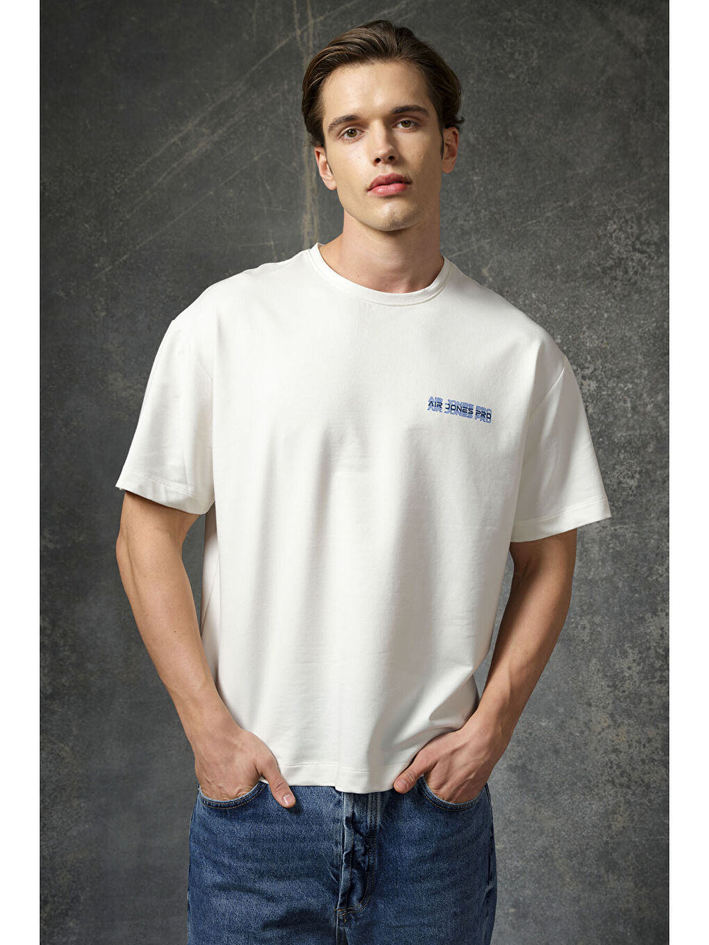 Ekru Pamuklu Kalın Yumuşak Dokulu Oversize Fit Baskılı Erkek Tişört - 88375