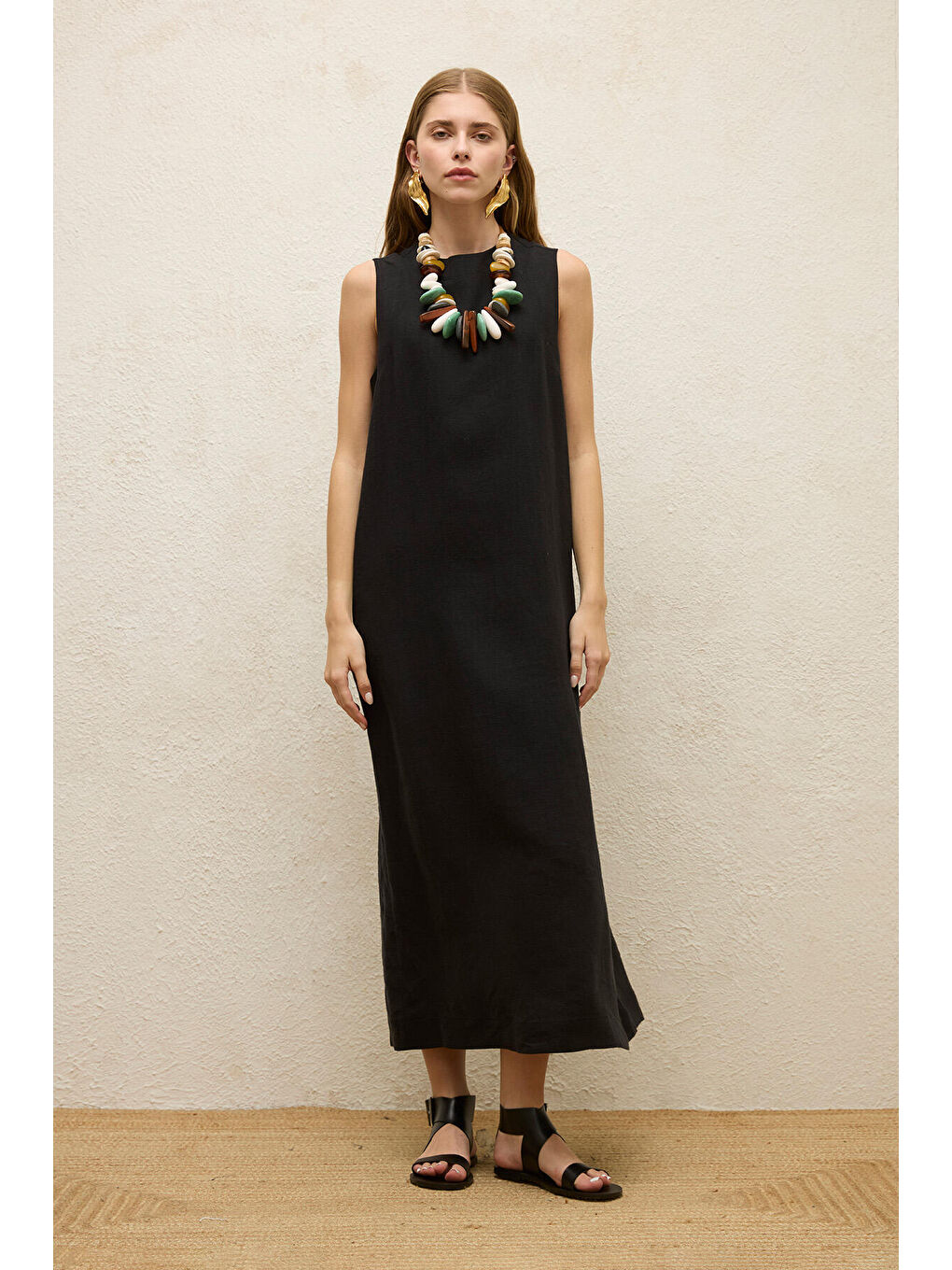 Kolsuz Keten Rahat Elbise Siyah-5