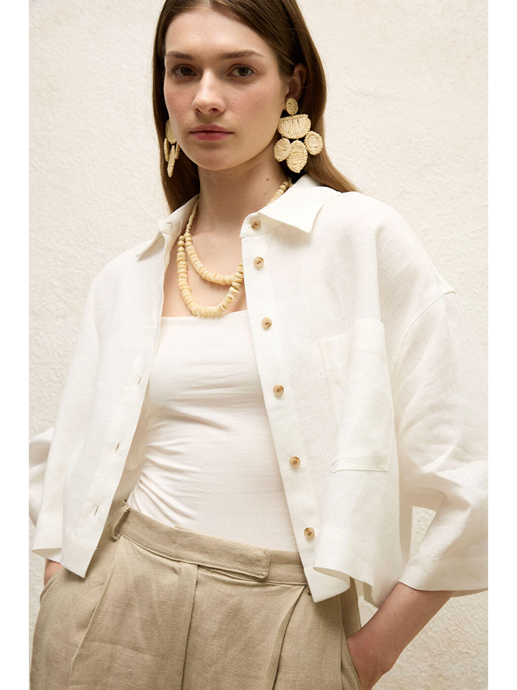 Keten Kısa Kol Crop Gömlek Ekru-1