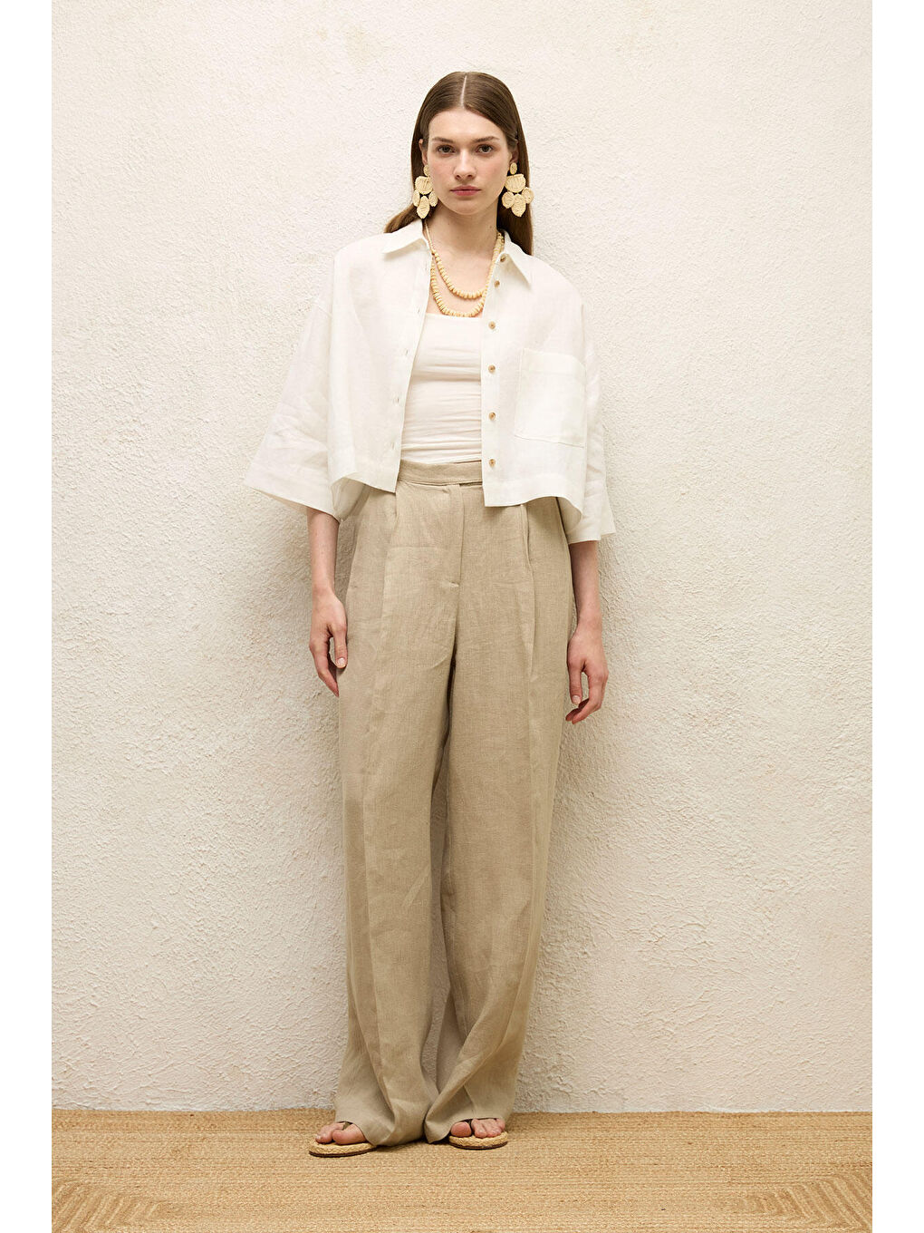 Keten Kısa Kol Crop Gömlek Ekru-2