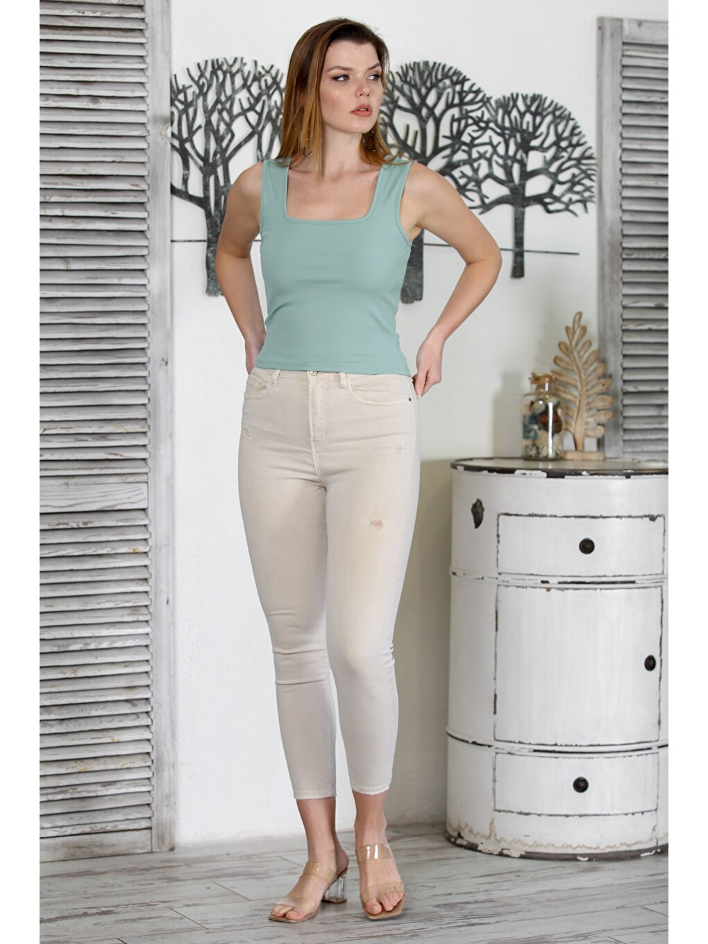 Yeşil Mint Atlet Yaka Örme Fitted Casual Bluz-2