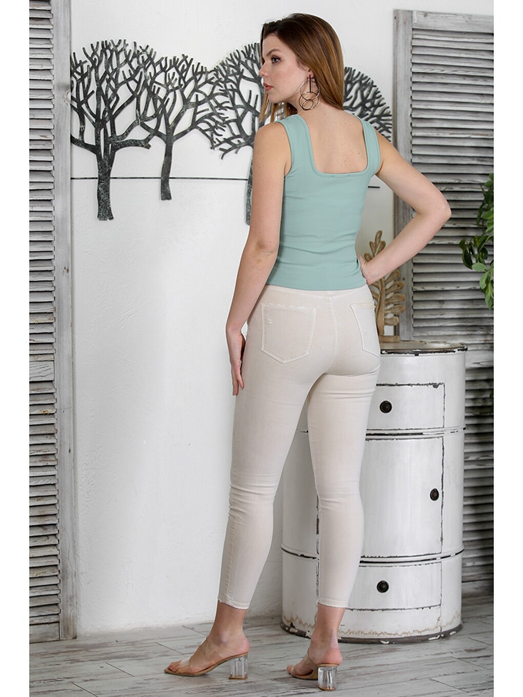 Yeşil Mint Atlet Yaka Örme Fitted Casual Bluz-3